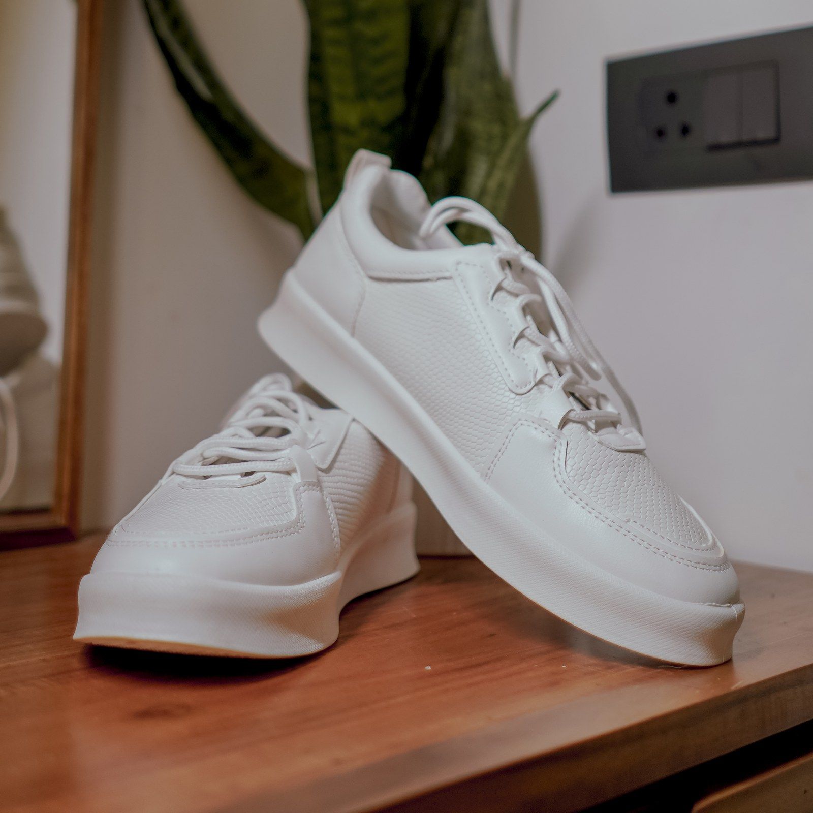 A pair of white leather sneakers on a wooden shelf at home, beside a snake plant and a wall socket